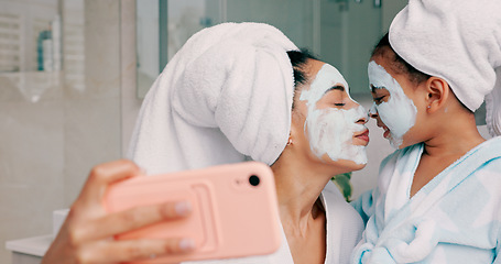 Image showing Beauty, skincare and facial with mother and girl and selfie in bathroom for health, spa and wellness. Luxury, product and mask on face with mom and child in family home for happy, peace and relax