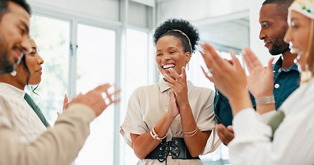 Image showing Business people, diversity and clapping in high five, teamwork or collaboration in company growth, target or global goals. Smile, happy or office applause, winner celebration or success hands gesture