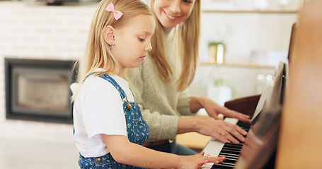 Image showing Music development, girl learning piano and musical note education from mom in the home living room. A child musician playing keys, learn creative audio art and fun concert performance in family house