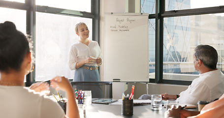 Image showing Business leader, presentation and whiteboard for office meeting with team of employees for planning, briefing and talking strategy for growth. Woman speaker with men and women for agenda training