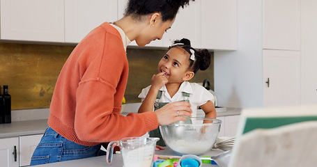 Image showing Cooking, learning and mother with girl in kitchen for cake, health and food together. Relax, wellness and help with mom and child chef at table in family home for happy, relax and baking lifestyle