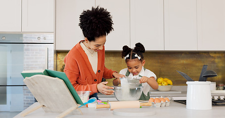 Image showing Cooking, learning and mother with girl in kitchen for cake, health and food together. Relax, wellness and help with mom and child chef at table in family home for happy, relax and baking lifestyle