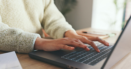 Image showing Laptop, computer and business woman hand typing, writing on notebook for planning, schedule and meeting review. Zoom, hands and strategy analytics for collaboration, research and KPI growth