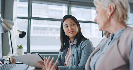 Image showing Business, women and conversation in office, marketing planning and advertising campaign. Females, ceo and employees for sales growth, manager explain system and communication for process and speaking