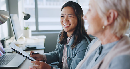 Image showing Business, women and conversation in office, marketing planning and advertising campaign. Females, ceo and employees for sales growth, manager explain system and communication for process and speaking