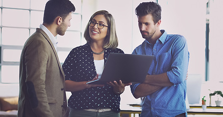 Image showing Laptop, teamwork collaboration or business people consulting on social network, customer experience or ecommerce. Digital brand monitoring, website feedback or media team review of online survey data