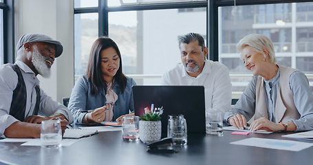 Image showing Laptop, CEO or senior business people in meeting planning a marketing strategy for company financial growth. Innovation, leadership or executive employees working in a partnership for kpi sales goals