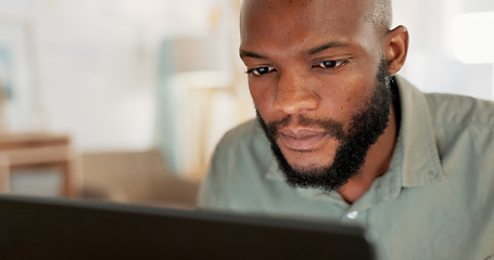 Image showing Laptop, work and businessman reading an email, working on the internet and doing a search for ideas at work. African worker, employee or man in corporate on the web with technology for a project