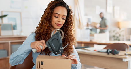 Image showing Delivery boxes, black woman shipping package or ecommerce sale with supply chain, logistics or courier product in retail shop. Woman, retail sales worker or design store manager for commercial export