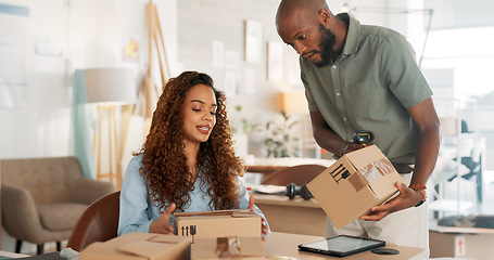 Image showing Man, woman and tablet for online shopping logistics, e commerce shipping boxes or retail shopping ecommerce. Technology, small business and product delivery management for talking black man and woman