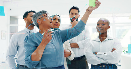 Image showing Leadership, writing or business people with sticky notes for planning marketing SEO calendar, vision or mission. Teamwork, diversity or business woman in meeting for data analysis or strategy review