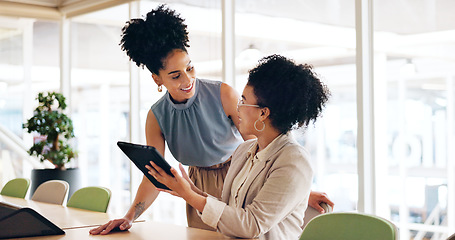 Image showing Tablet, training and business women planning, leader feedback or coaching strategy for web marketing. Support, help and black woman talking to worker on digital technology or software management app