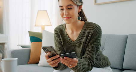 Image showing Brazil, phone or woman with credit card payment on sofa for online shopping, fintech or ecommerce app at home. Happy, relax and girl with smile for digital banking, website store purchase or trading