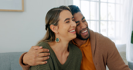 Image showing Happy, gaming couple or friends with video game in living room for fun or bonding in living room of house. Technology, love or man and woman gamer for online, internet or digital streaming with smile