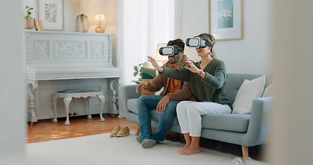 Image showing VR gamer couple, metaverse or futuristic tech on sofa in living room for cyber game, 3D gaming or future ai media. Virtual reality, video game or esports for technology, digital fun or online fantasy