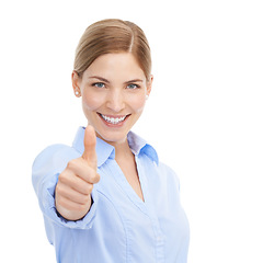 Image showing Business woman, portrait and thumbs up for winning, job done and thank you for support or approval. Face of happy female with hand emoji for, sale, deal or discount isolated on white background