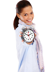 Image showing Time, smile and portrait of woman with clock, punctual for schedule isolated on white background. Timeline, countdown and happy woman with alarm clock, time management from India blurred in studio.