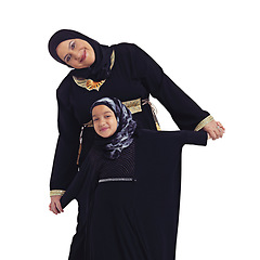 Image showing Muslim grandmother, girl and family portrait of a islamic and muslim woman with a happy child. Isolated, white background and kid with happiness, faith and love for grandma with hijab holding hands