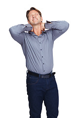 Image showing Neck pain problem, studio and business man with emergency crisis, employee work risk or injury. Medical healthcare, anatomy and hurt corporate worker with muscle strain accident on white background