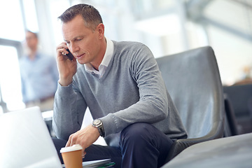 Image showing Phone call, communication or business man in airport lobby for loan, wealth or investment negotiation. Travel, laptop or manager with smartphone for networking, b2b network or planning meeting