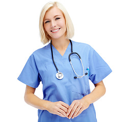 Image showing Nursing, healthcare and portrait of a nurse in studio with a stethoscope ready for a consultation. Medicare, doctor and happy female medical worker from Canada in scrubs isolated by white background.