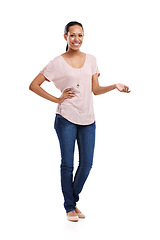 Image showing Portrait, product and mockup with a model black woman in studio isolated on a white background for branding. Marketing, advertising and mock up with a female posing to promote blank product placement