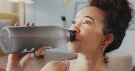 Image showing Fitness, relax and woman drinking water in living room, health and exercise. Yoga, internet or e learning with athlete in home gym training for wellness