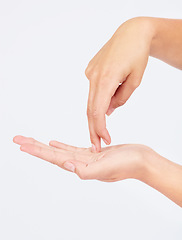 Image showing Hands, mockup and fingers walking on a palm in studio on a white background for direction or navigation. Social media, emoji and gesture with a female hand taking a walk or step on blank space