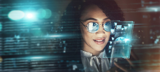 Image showing Black woman, overlay and future tech in office for finance research, data analytics or digital job in night. Cybersecurity expert smile, fintech or focus in dark workplace for 3d hologram abstract