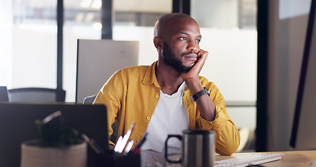 Image showing Thinking, business man computer and IT engineer reading code, analytics and software strategy data. Bored black man coding, programming and writing a information technology solution with tech