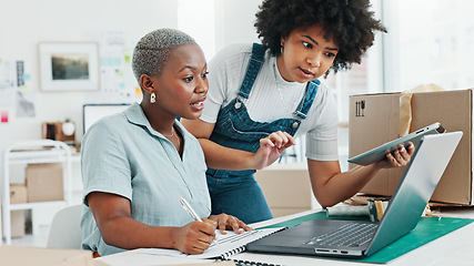 Image showing Delivery planning, online shipping and women talking about logistics with laptop in an office at work. Ecommerce, supply chain and retail workers speaking about stock on the internet with technology