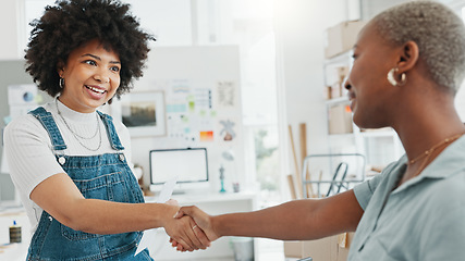 Image showing Business deal, agreement and shaking hands with a client or customer. Businesswoman making a deal for a purchase or meeting a new buyer in startup company in ecommerce, online and delivery business