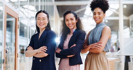 Image showing Corporate women, empowerment and portrait of team at creative marketing startup company. Teamwork, diversity and confident group of ladies with ideas in advertising industry standing in office lobby.