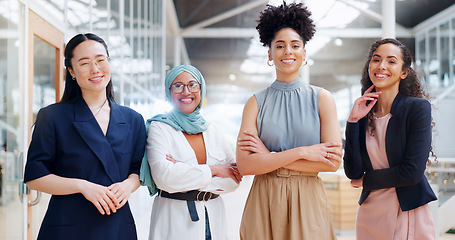 Image showing Diversity, empowerment and portrait of team of women at creative marketing startup company. Teamwork, diversity and confident group of women with focus, smile and ideas in advertising industry office