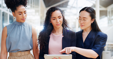 Image showing Tablet, collaboration and walking business people planning marketing strategy and teamwork. Digital technology, diversity and creative women for social media review, app management and communication