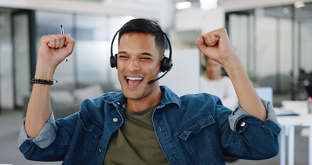 Image showing Businessman, call center and sale celebration in telemarketing, financial broker or consultant at office. Happy employee agent in applause for deal success, investment or customer service on compute