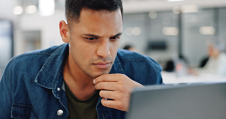 Image showing Thinking, confused and man at laptop writing notes for project planning at web design company. Professional ux employee at office working, thoughtful and focused on email idea for client