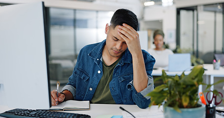 Image showing Call center, headache and worker with stress from customer service, online support and work as telemarketing consultant. Tired, frustrated and man in technical support with a problem while consulting