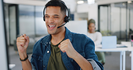 Image showing Businessman, call center and sale celebration in telemarketing, financial broker or consultant at office. Happy employee agent in applause for deal success, investment or customer service on computer