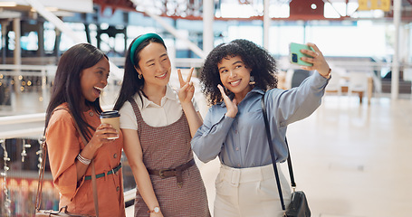 Image showing Selfie, friends and social media with woman together posing for a photograph in a mall or shopping center. Phone, social media and smile with a happy female friend group taking a picture for fun