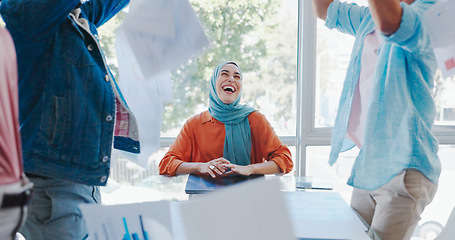 Image showing Success, goals or team with documents in air to celebrate meeting office kpi sales target for business growth. Paperwork, Muslim woman or excited people in celebration of winning or group achievement