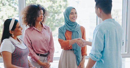 Image showing Teamwork, business people and handshake for partnership, collaboration or deal in office meeting. Thank you, welcome and group of employees shaking hands for agreement, greeting or hiring contract.