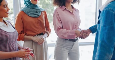 Image showing Teamwork, business people and handshake for partnership, collaboration or deal in office meeting. Thank you, welcome and group of employees shaking hands for agreement, greeting or hiring contract.