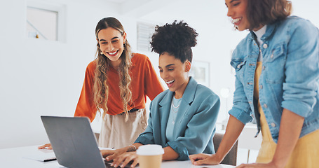 Image showing Laptop, success or women high five at work in celebration of digital marketing sales goals or kpi target. Happy, winner or excited employees hugging to celebrate bonus, business growth or achievement