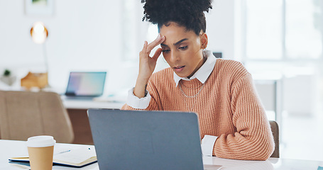 Image showing Business, stress and woman with laptop, tired and overworked in office, burnout and stress with mental health. Female, girl and administrator with fatigue, frustrated and online work for schedule.