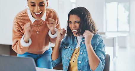 Image showing High five, laptop or happy employees with success in celebration of digital marketing SEO goals or kpi target. Bonus, wow or excited black woman or girl winner celebrate winning, email or good news