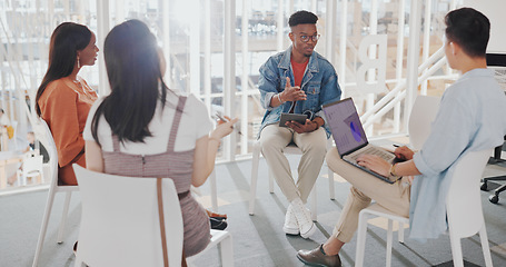 Image showing Business people, startup meeting or brainstorming in office for diversity, planning or teamwork strategy. Digital marketing team, laptop and discussion with group, think tank or conversation for idea