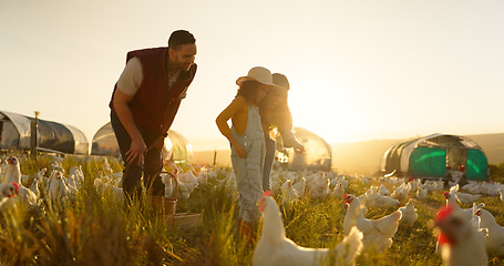 Image showing Chicken, family and farm with a girl, mother and father working in the poultry farming industry. Agriculture, sustainability or love with a woman, kid and man at work as bird farmer in nature outdoor