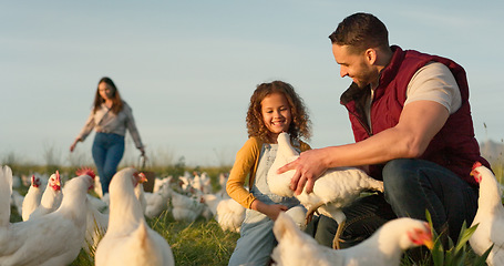 Image showing Chicken, farm and family love of happy mom, dad and child enjoy quality time together, talking and bond on countryside field. Poultry farming, free range bird and animal livestock with farmer people