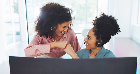 Image showing Business, agent and women with handshake, celebration and happiness for ecommerce sales in office. Team, staff and hands for achievement, success for data analysis and corporate deal, target and goal